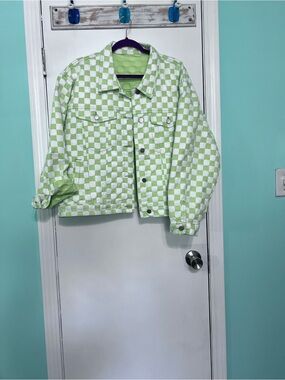 Women’s Checkerboard Lime Green & White Denim Jacket plus